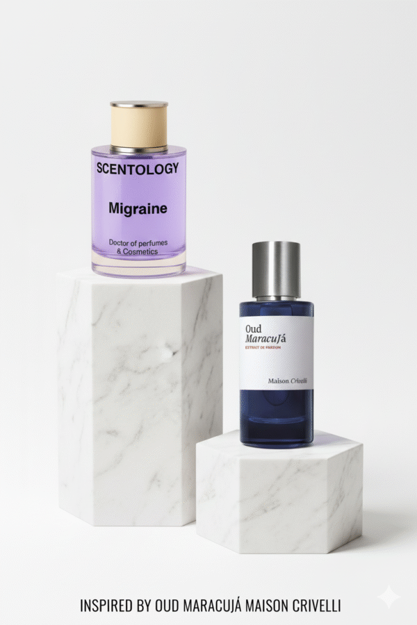 migraine fruity oud leather perfume by scentology with passionfruit amber and vanilla