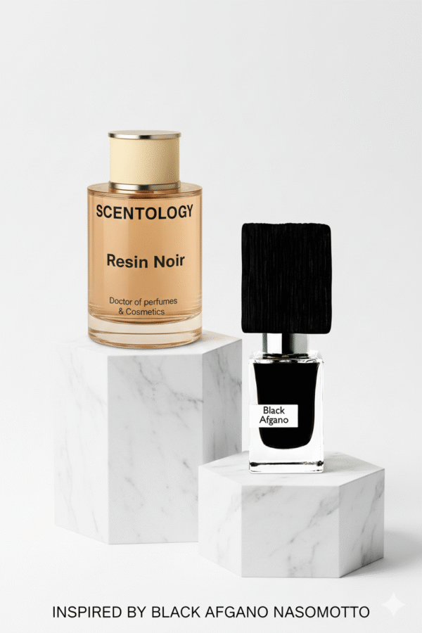 • Resin Noir smoky oud amber perfume bottle by Scentology • Resin Noir unisex smoky woody fragrance • Resin Noir dark resin oud perfume close up • Resin Noir amber tobacco woody perfume