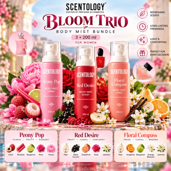 Scentology Bloom Trio Body Mist Bundle for Women – Peony Pop, Red Desire & Floral Compass – 3 × 200 ml